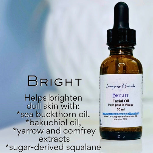Bright Facial Oil
Helps brighten dull looking skin
Handmade in Kanata (Ottawa), ON, Canada
Made with plant-derived ingredients and eco-friendly packaging.